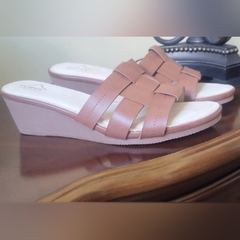 Cliffs by WHITE MOUNTAIN Tan Woven Strap Wedge Sandals